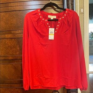Michael Kors Vibrant Red Blouse with Gold Accents